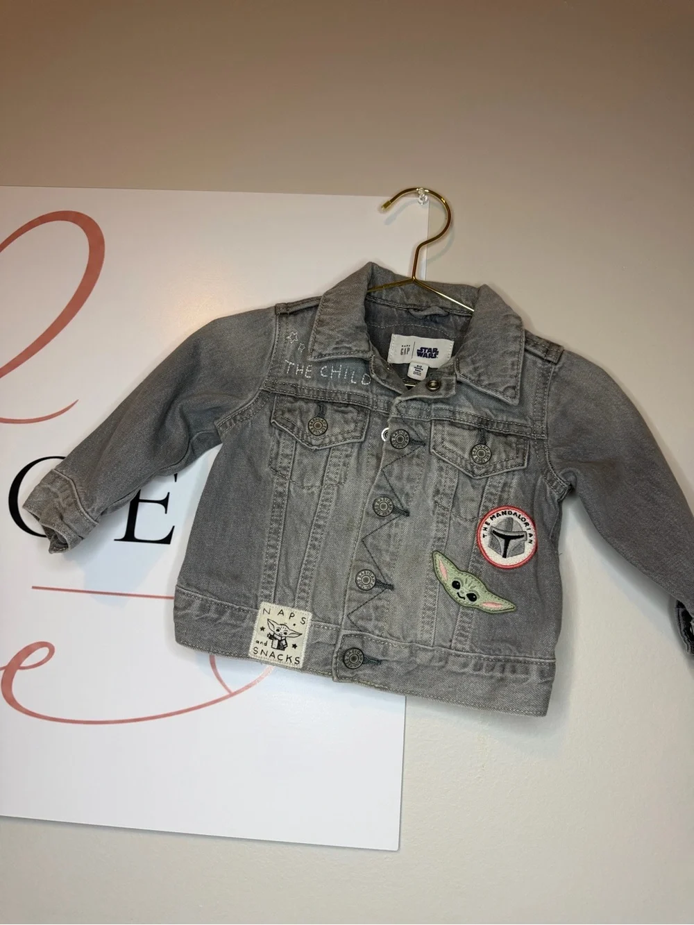 GAP Gray Denim Kids Jacket with Grogu & Patch Accents